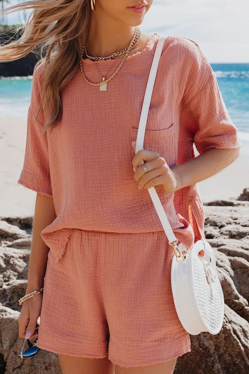 Fashion Casual Solid Split Joint O Neck Short Sleeve Two Pieces