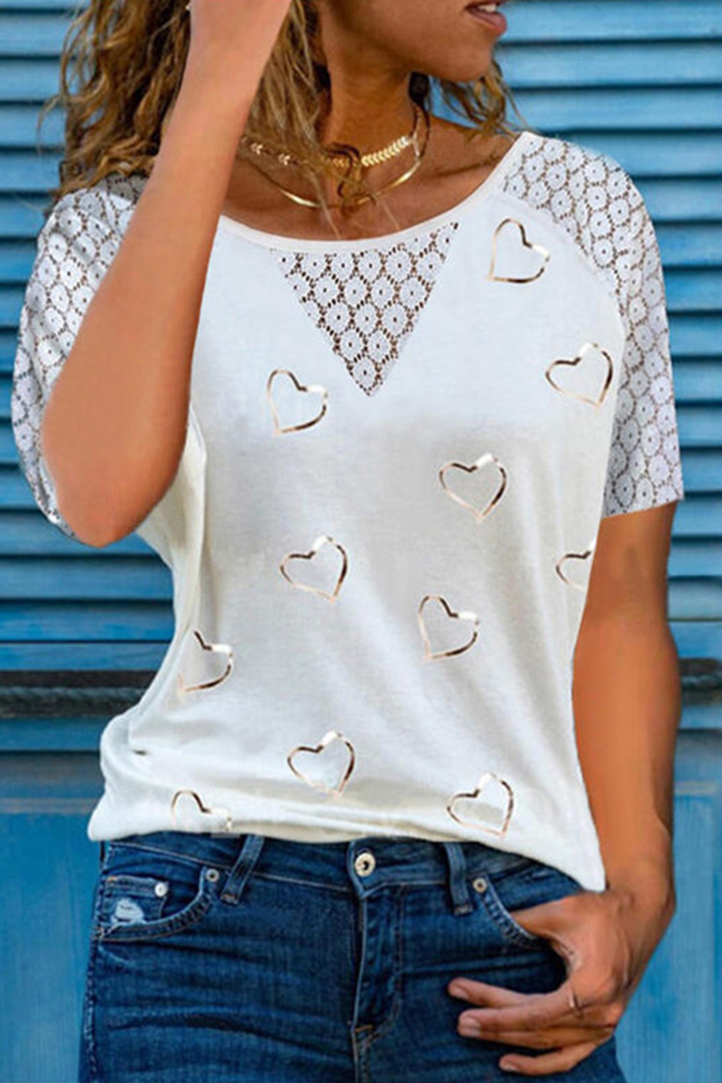 Casual Print Lace Hollowed Out O Neck T-Shirts