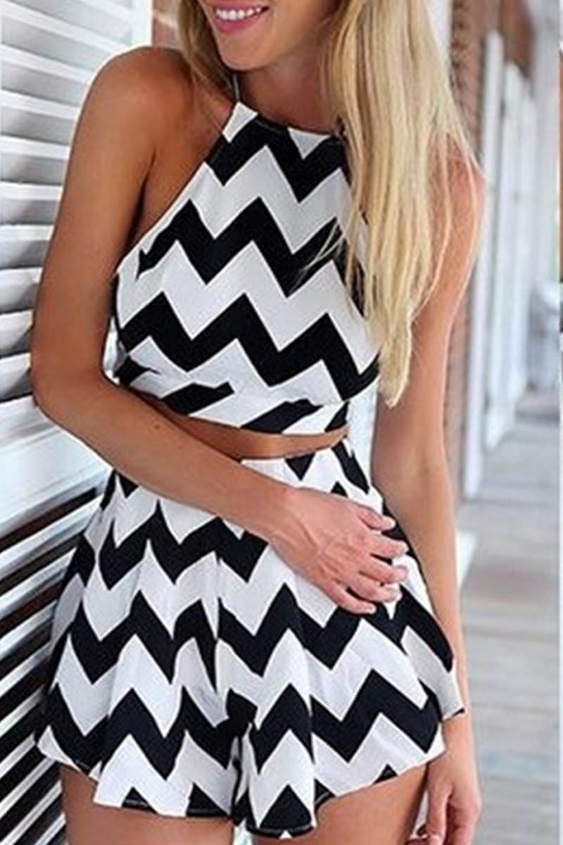 Fashion Striped Backless Cross Straps O Neck Sleeveless Two Pieces