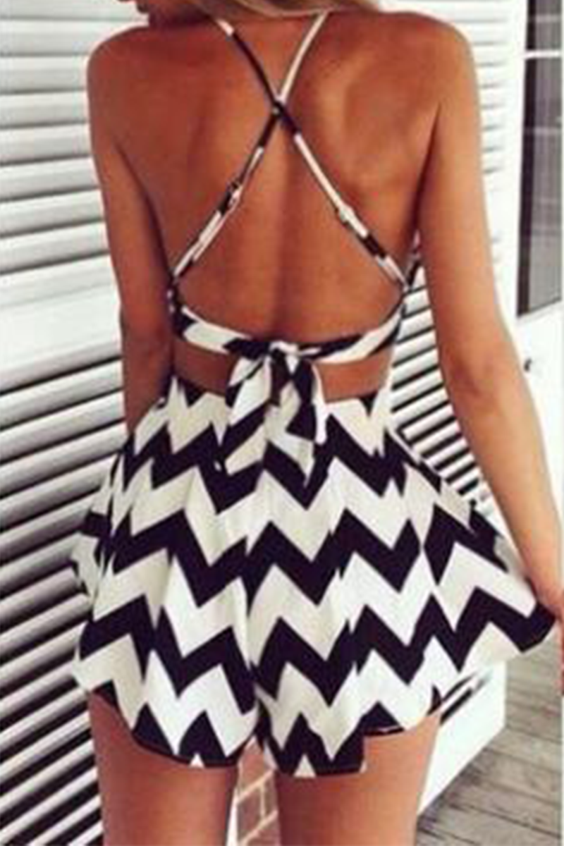 Fashion Striped Backless Cross Straps O Neck Sleeveless Two Pieces