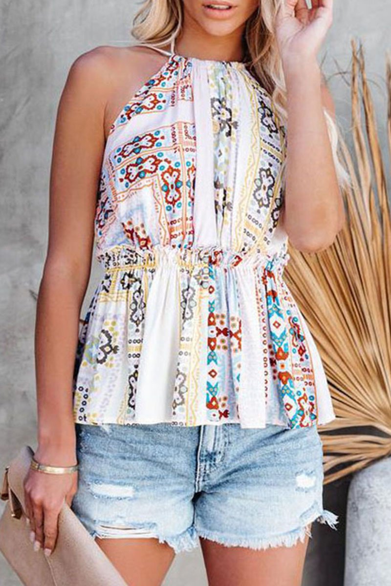 Fashion Casual Print Backless Halter Tops