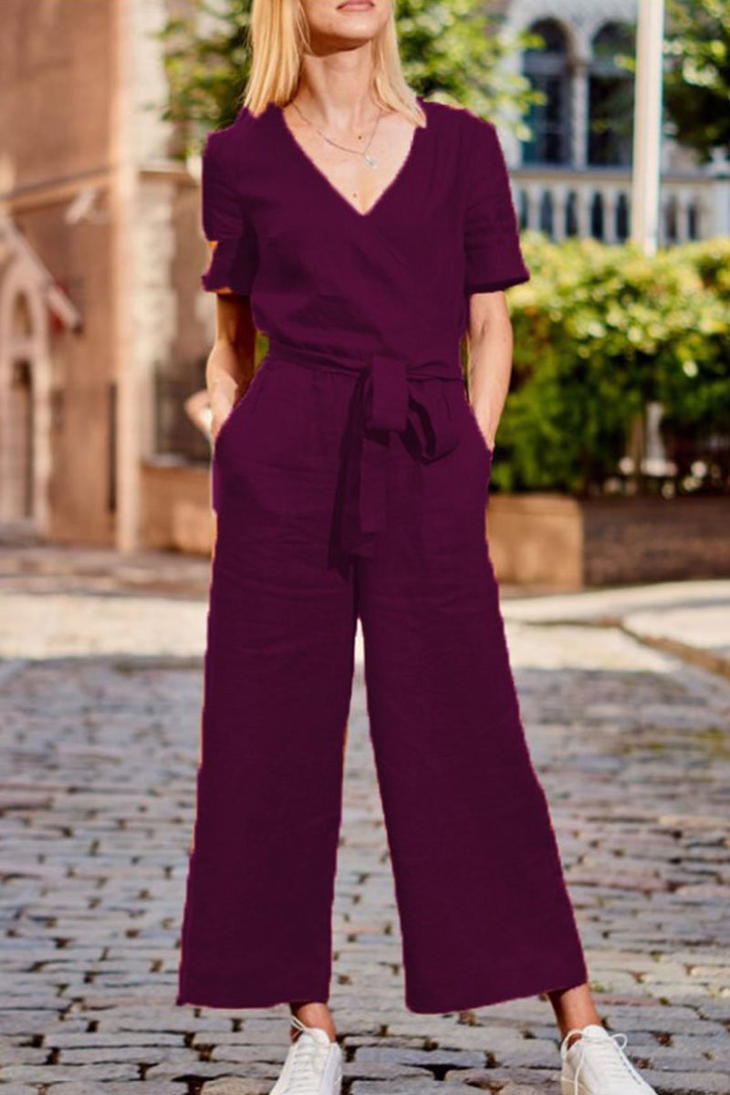 Casual Solid Split Joint V Neck Loose Jumpsuits(3 Colors)