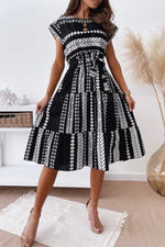 Elegant Print Strap Design O Neck A Line Dresses