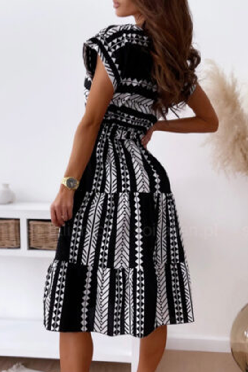 Elegant Print Strap Design O Neck A Line Dresses