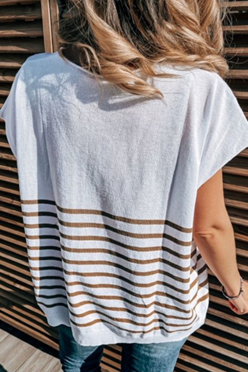 Fashion Casual Striped Split Joint V Neck T-Shirts
