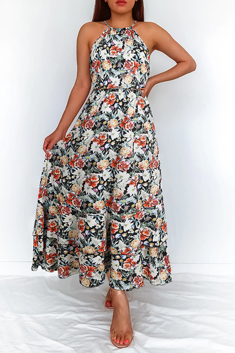 Elegant Floral Split Joint Halter Waist Skirt Dresses
