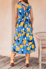 Casual  Vacation Print Frenulum Flounce O Neck Cake Skirt Dresses