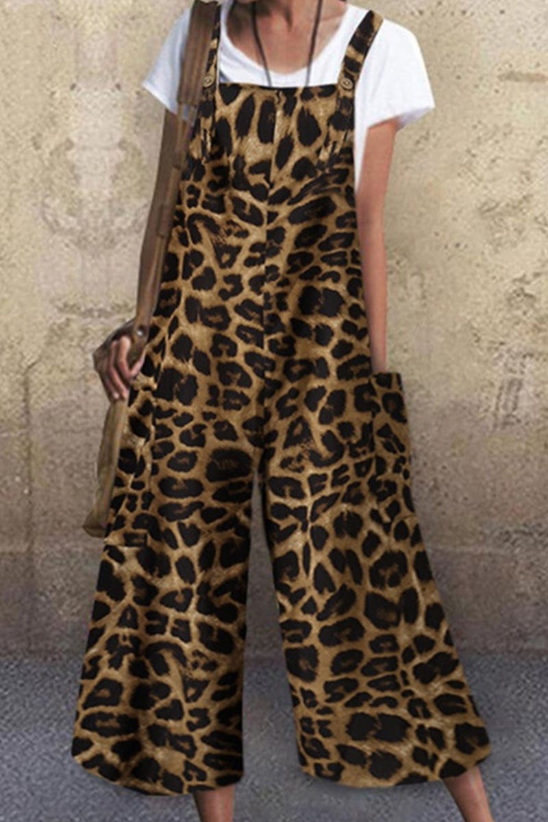 Fashion Street Leopard Spaghetti Strap Loose Jumpsuits(3 Colors)