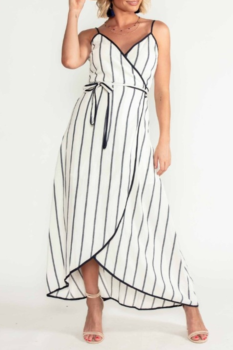 Casual Elegant Striped Frenulum V Neck Irregular Dress Dresses