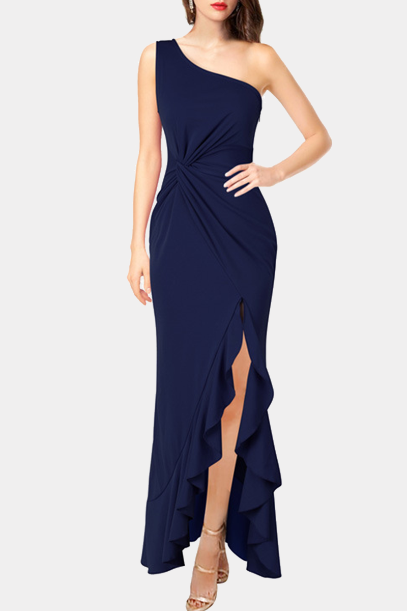 Elegant Solid Flounce Slit One Shoulder Evening Dress Dresses(6 Colors)