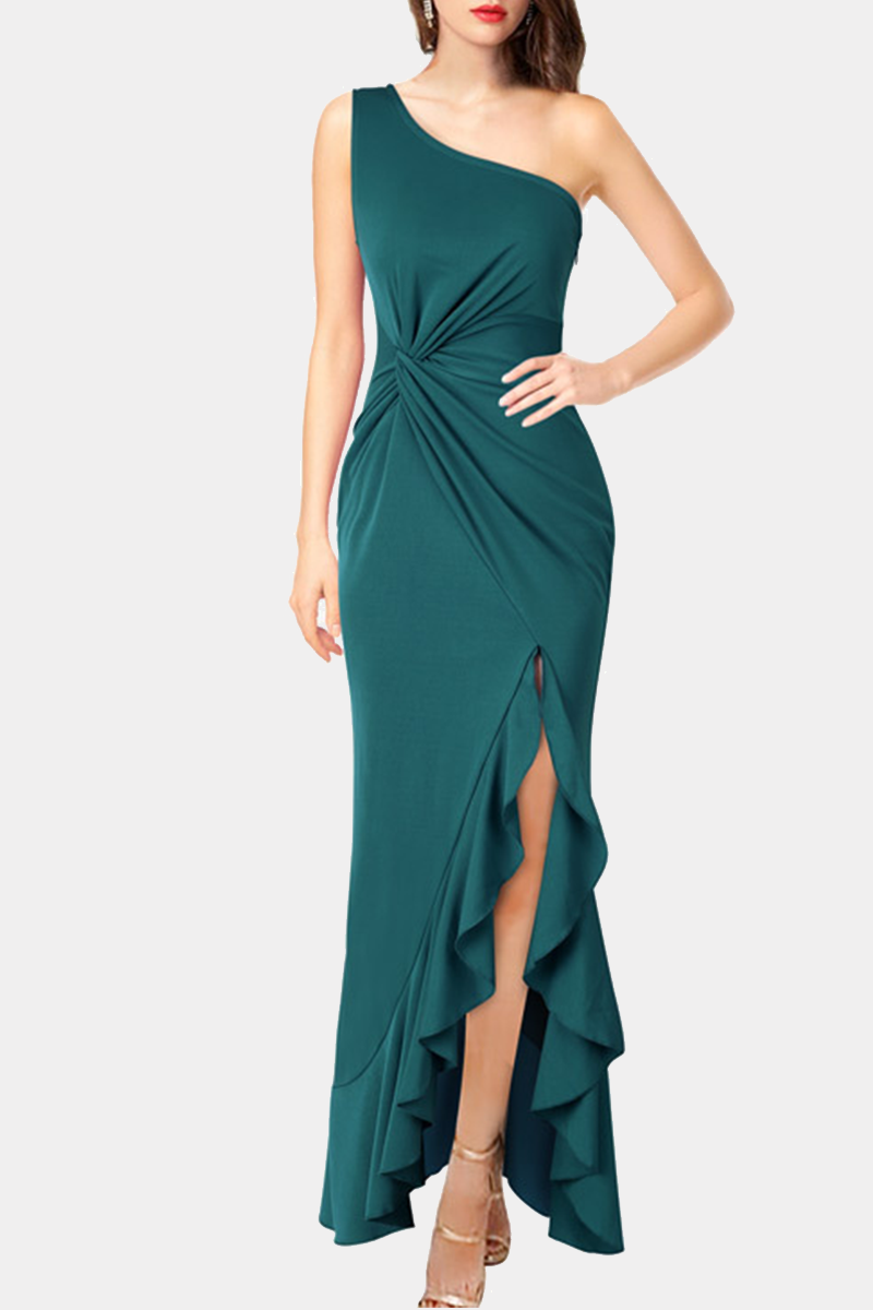 Elegant Solid Flounce Slit One Shoulder Evening Dress Dresses(6 Colors)