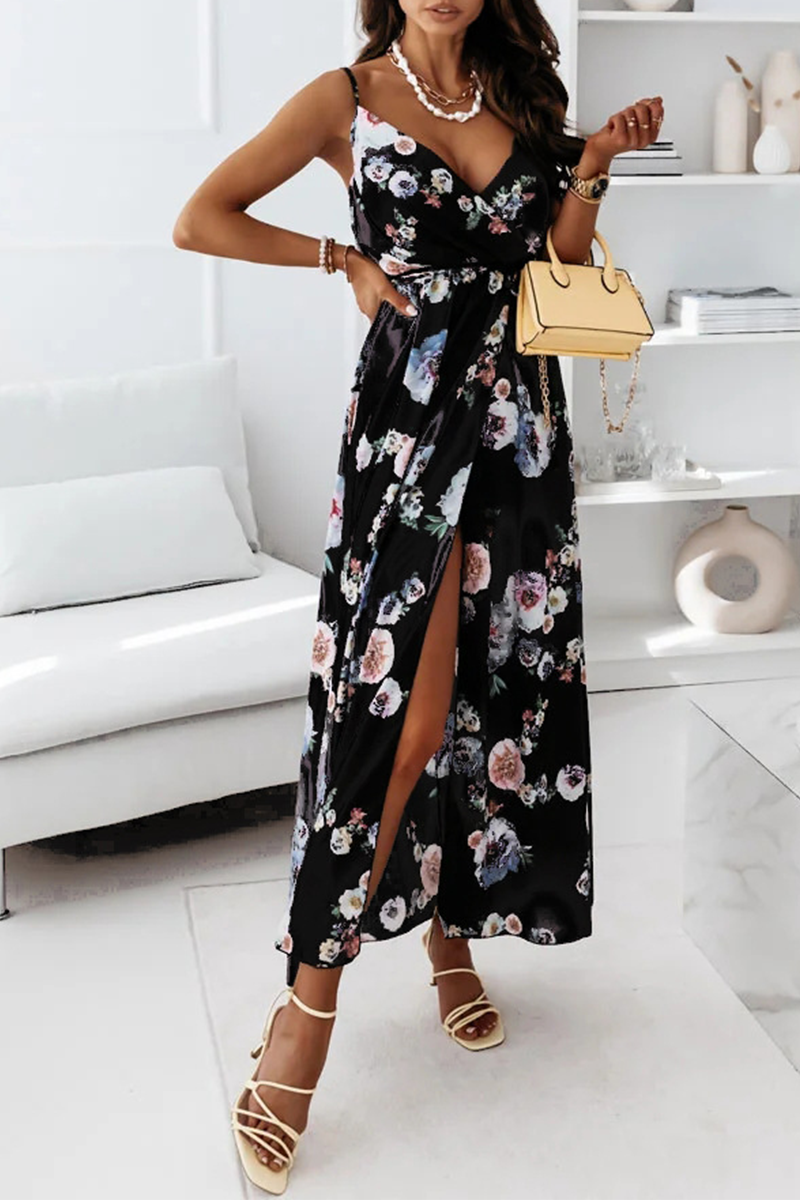 Elegant Floral Frenulum Slit V Neck Dresses