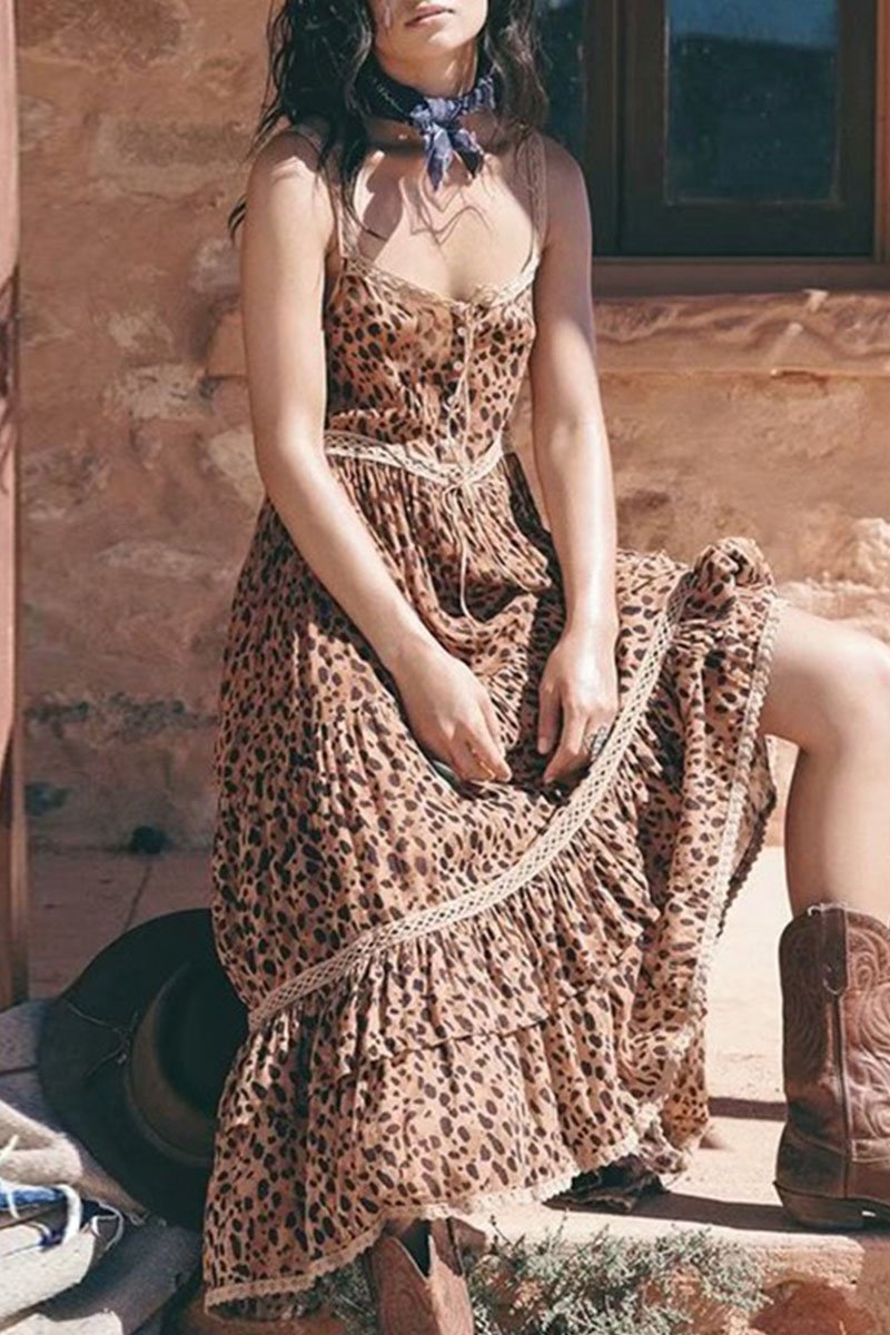Fashion Street Leopard Split Joint Spaghetti Strap Waist Skirt Dresses