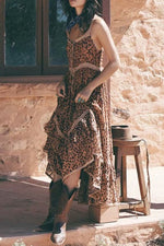 Fashion Street Leopard Split Joint Spaghetti Strap Waist Skirt Dresses
