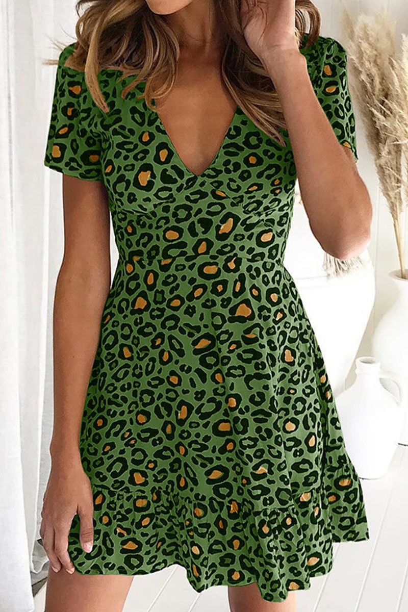 Fashion Sweet Leopard Split Joint V Neck A Line Dresses