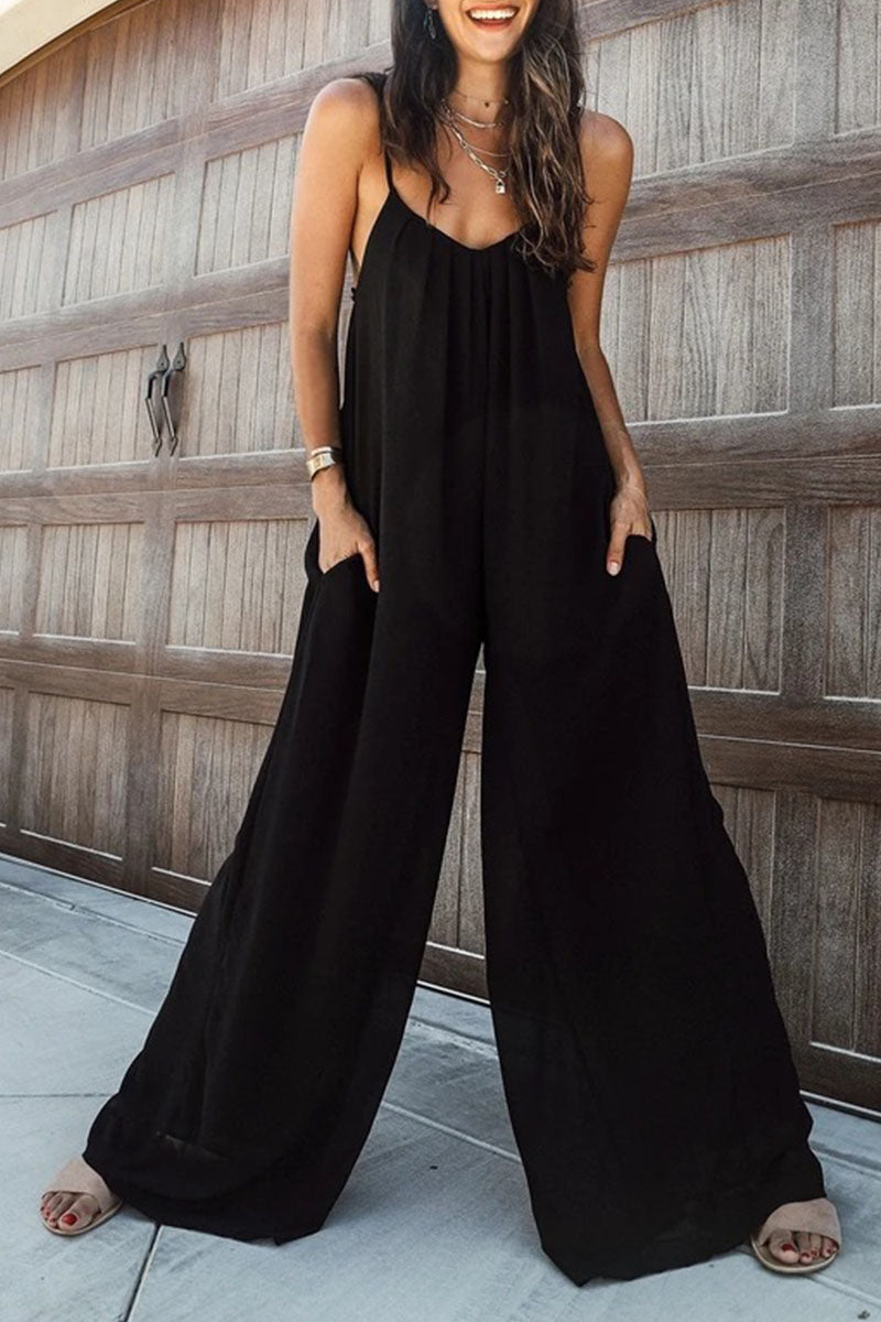 Fashion Living Solid Patchwork Spaghetti Strap Loose Jumpsuits