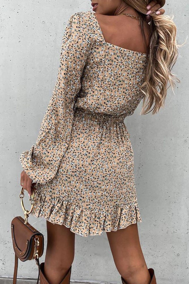 Fashion Sweet Print Square Collar Waist Skirt Dresses(4 Colors)