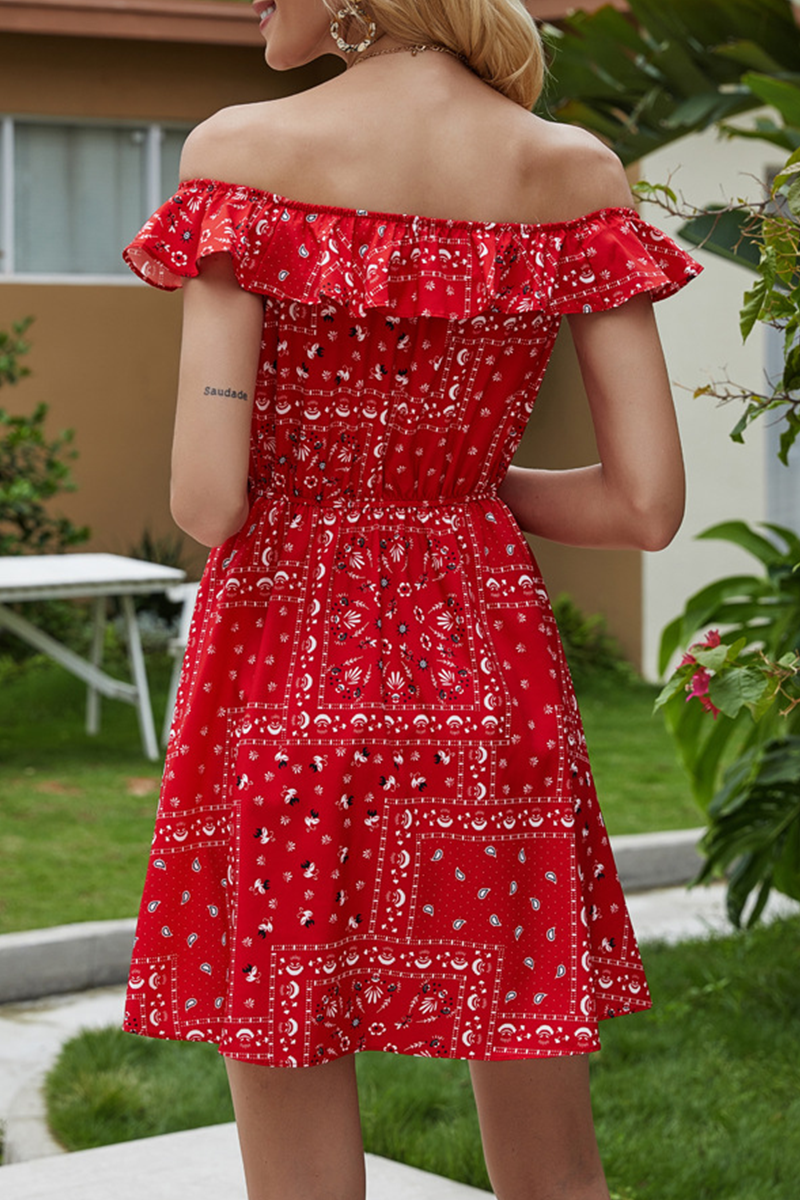 Fashion Elegant Print Buckle Flounce Off the Shoulder A Line Dresses