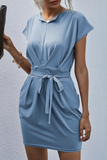 Elegant Solid Frenulum Fold O Neck Waist Skirt Dresses(4 Colors)