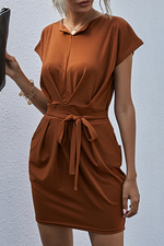 Elegant Solid Frenulum Fold O Neck Waist Skirt Dresses(4 Colors)