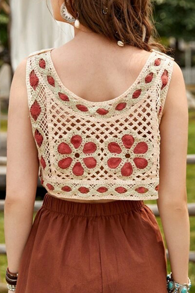Fashion Casual Patchwork Hollowed Out O Neck Tops