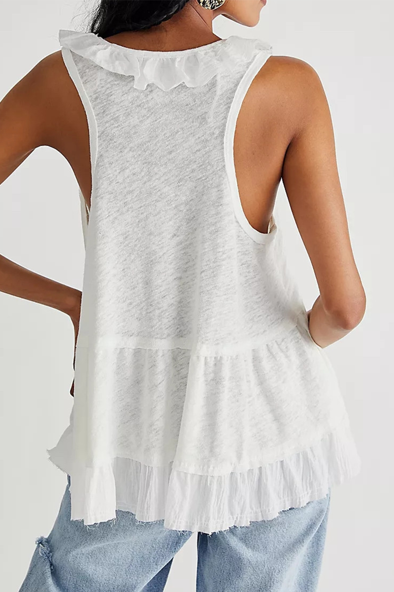 Casual Solid Split Joint Flounce V Neck Tops