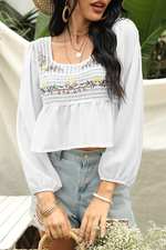 Casual Patchwork Embroidered Square Collar Tops