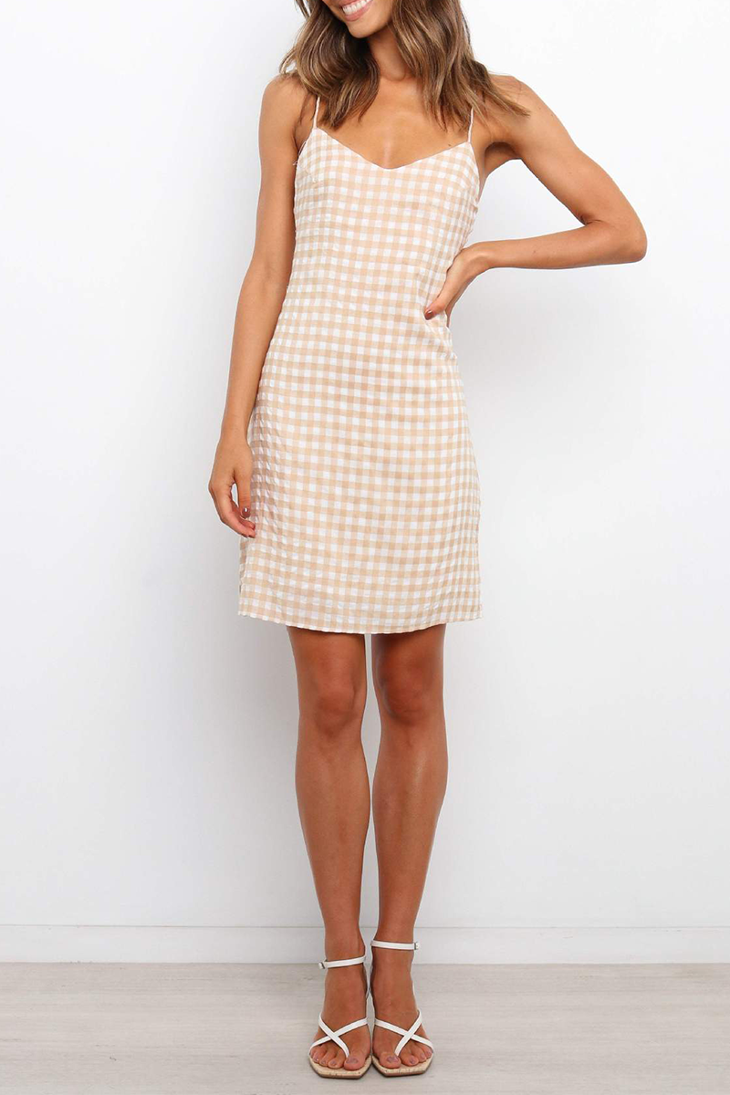 Elegant Plaid Frenulum Backless V Neck A Line Dresses