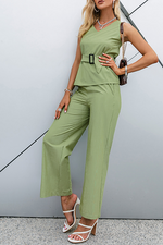 Elegant Solid With Belt V Neck Sleeveless Two Pieces