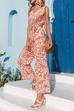 Elegant Print Frenulum V Neck Straight Jumpsuits