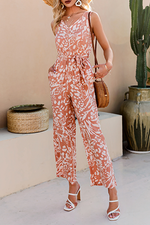 Elegant Print Frenulum V Neck Straight Jumpsuits