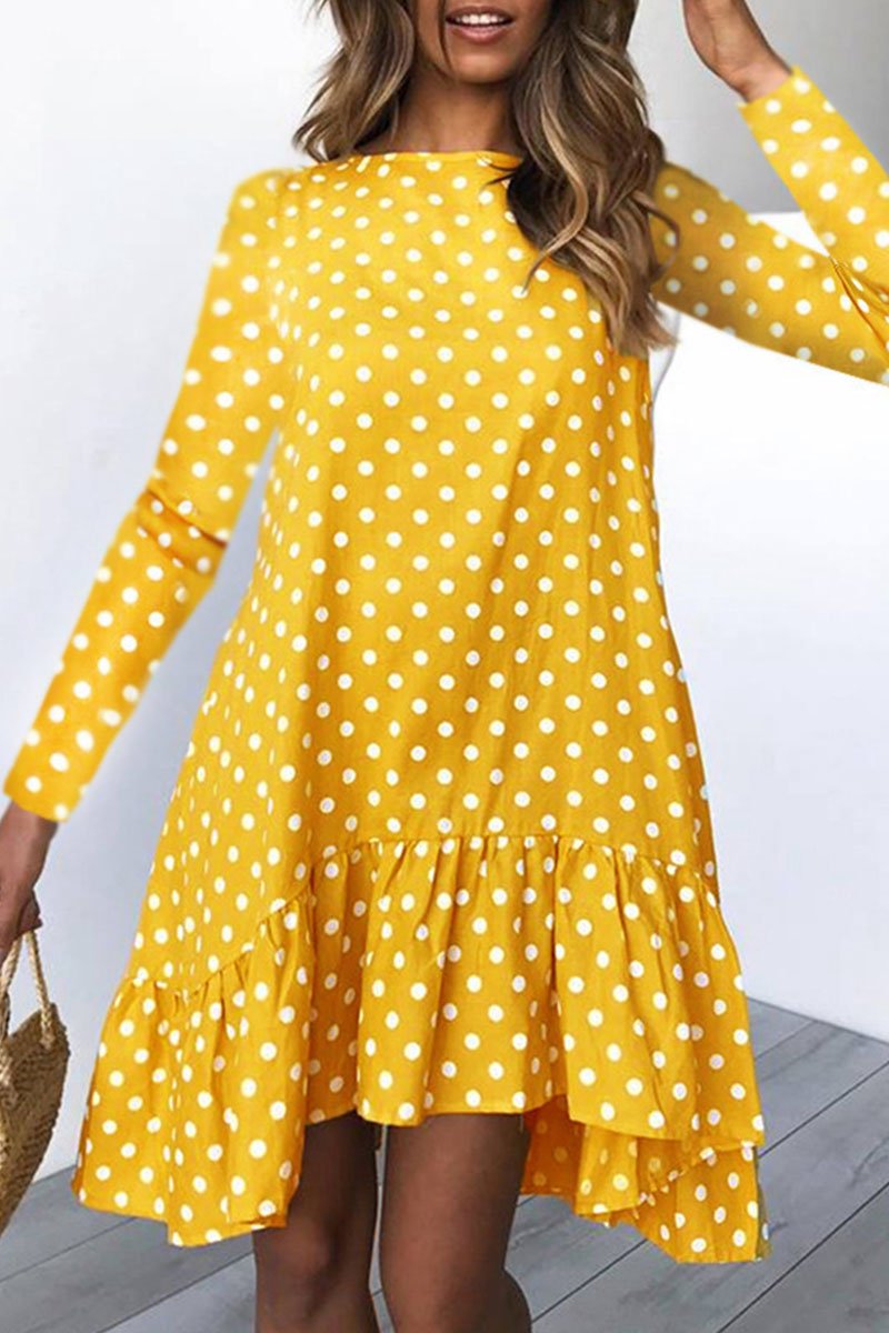 Fashion Sweet Polka Dot Split Joint O Neck Irregular Dresses