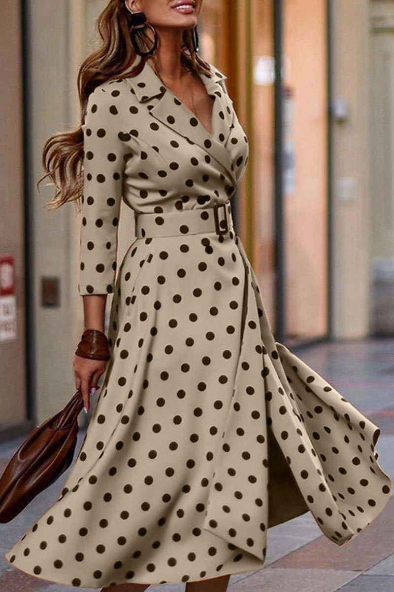 Fashion Street Polka Dot Turndown Collar Pleated Dresses