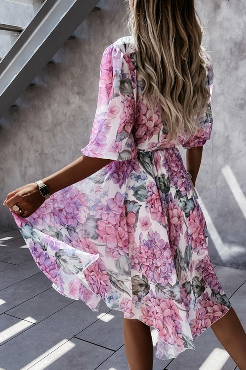 Fashion Elegant Floral Buckle With Belt V Neck Irregular Dress Dresses