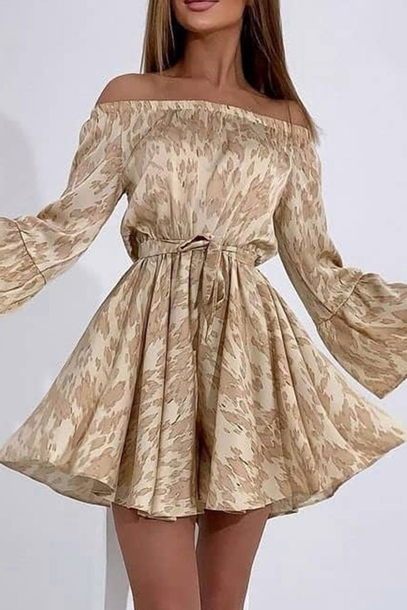 Fashion British Style Print Split Joint Off the Shoulder Cake Skirt Dresses