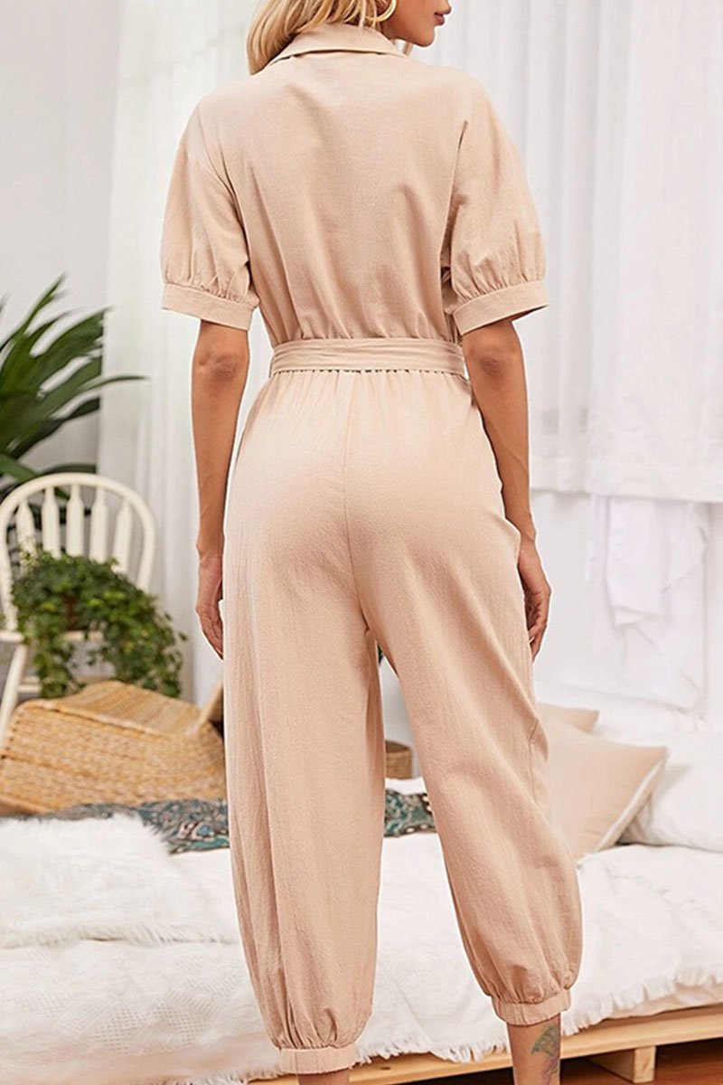 Fashion Casual Solid Split Joint Turndown Collar Loose Jumpsuits