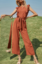 Fashion Elegant Solid Split Joint Flounce With Belt O Neck Straight Jumpsuits