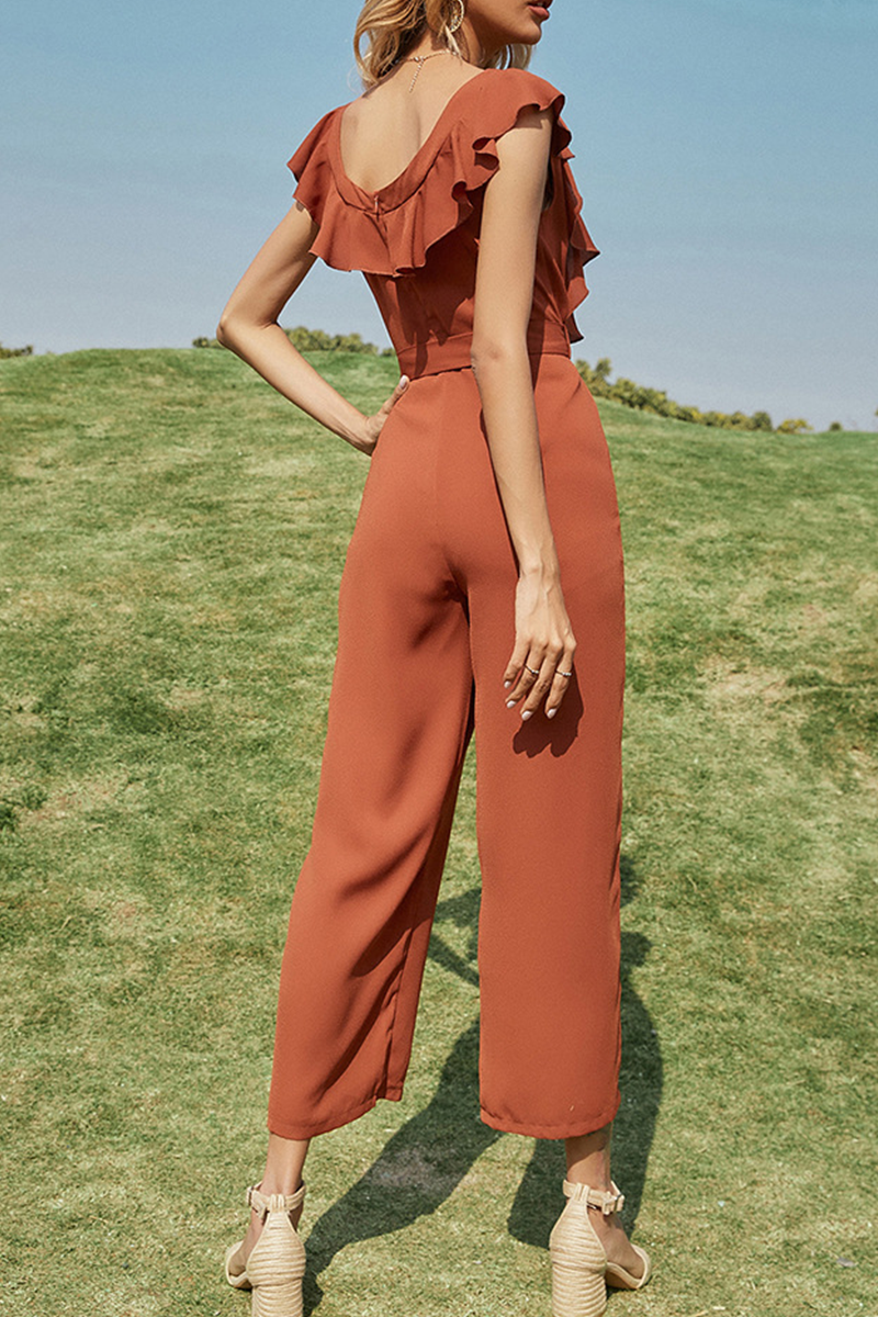 Fashion Elegant Solid Split Joint Flounce With Belt O Neck Straight Jumpsuits