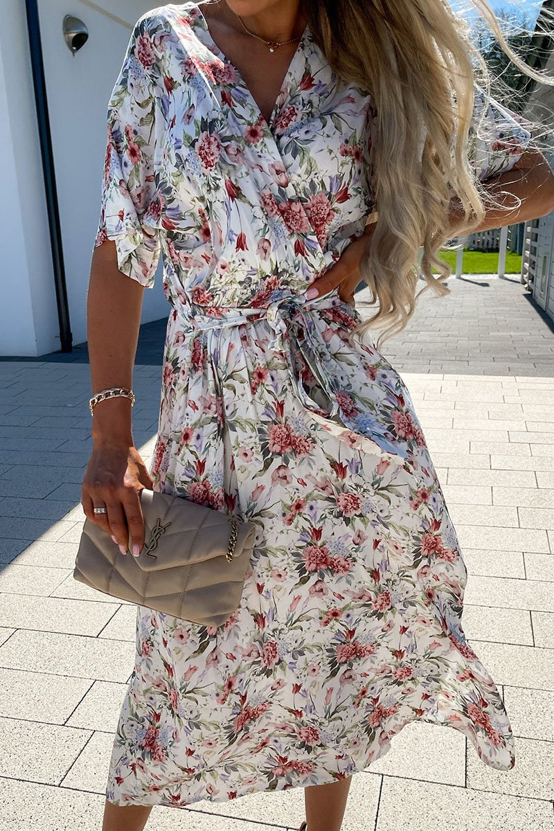 Fashion Street Print Split Joint V Neck A Line Dresses
