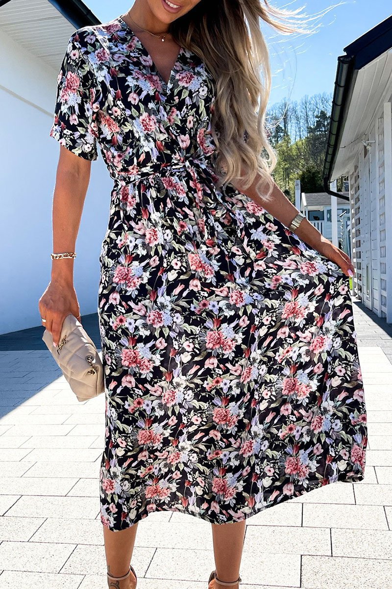 Fashion Street Print Split Joint V Neck A Line Dresses