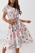Fashion Elegant Print Buckle With Belt V Neck A Line Dresses