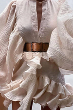 Fashion Elegant Solid Buckle Flounce With Belt O Neck A Line Dresses(3 Colors)