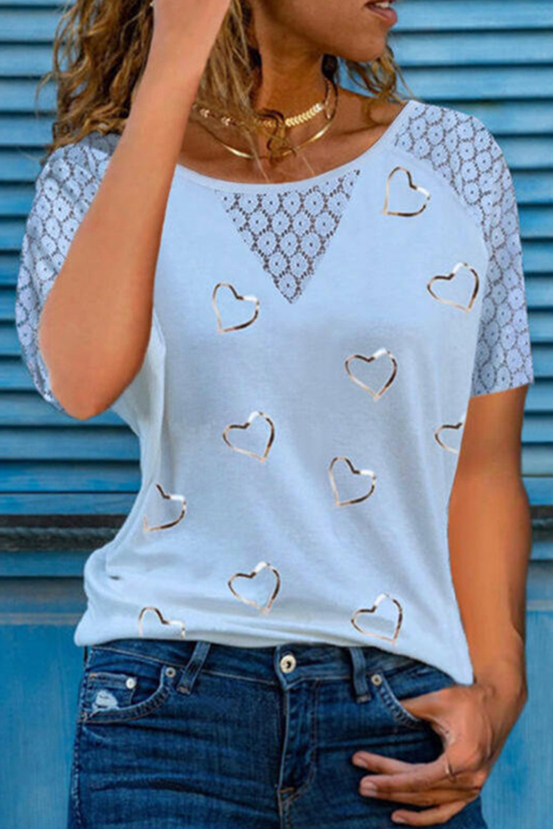 Casual Print Lace Hollowed Out O Neck T-Shirts