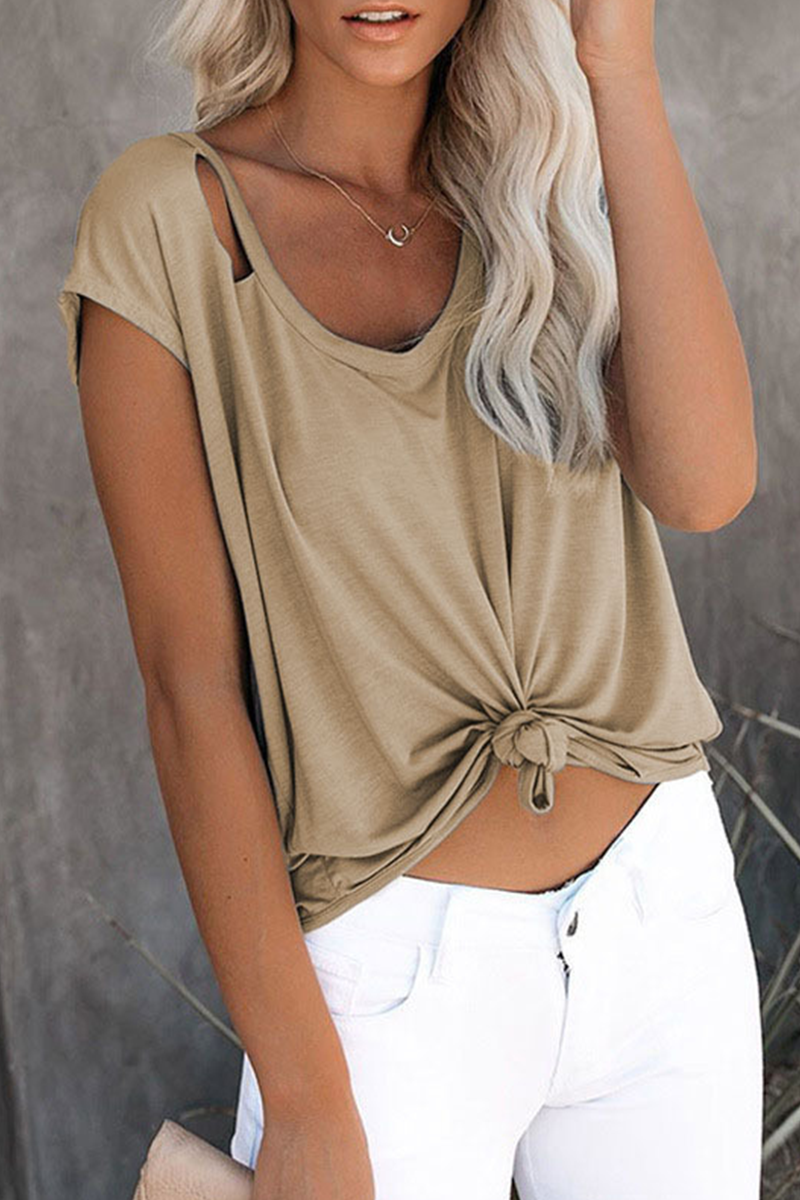 Casual Solid Ripped O Neck T-Shirts