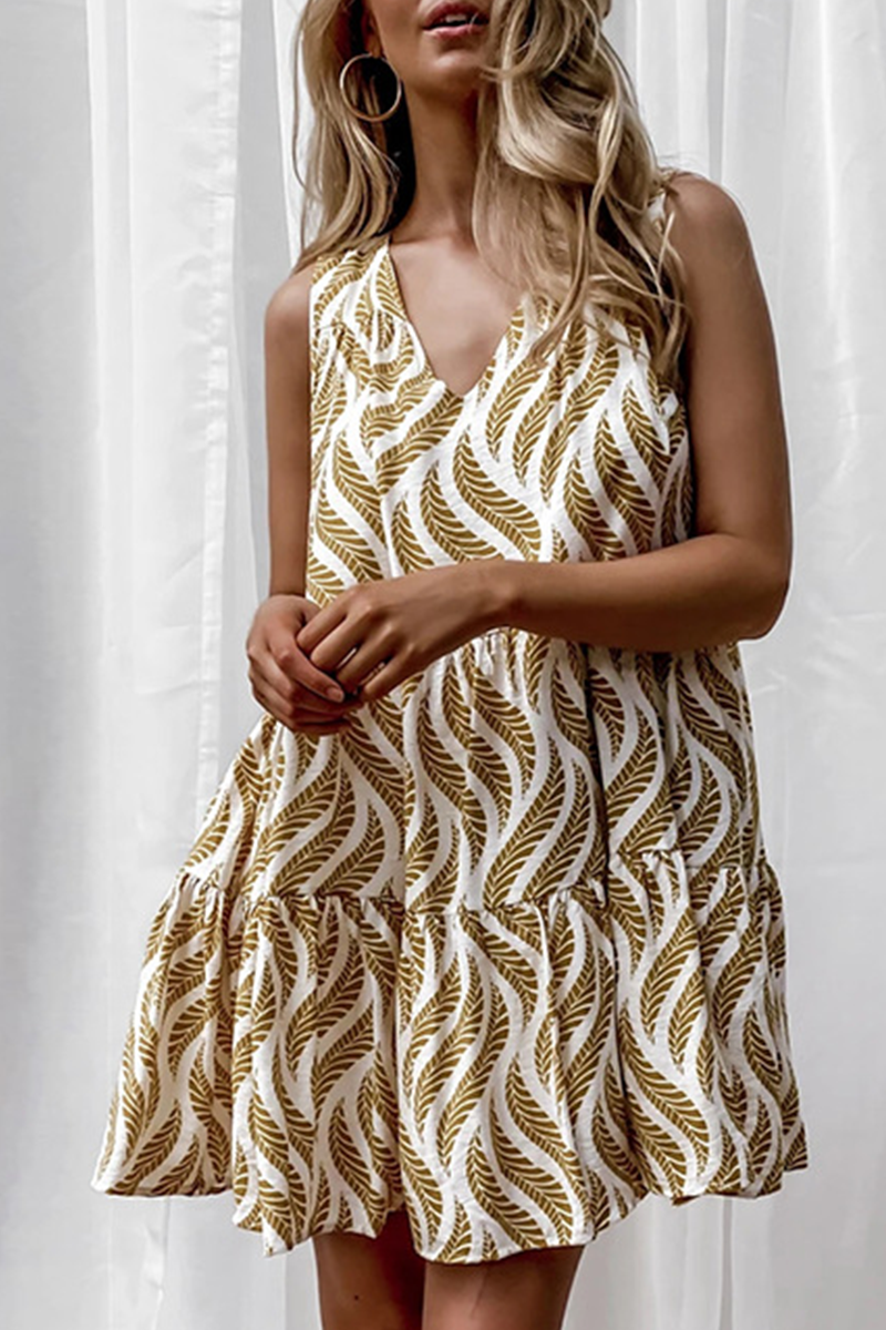 Casual  Vacation Print Flounce V Neck Dresses