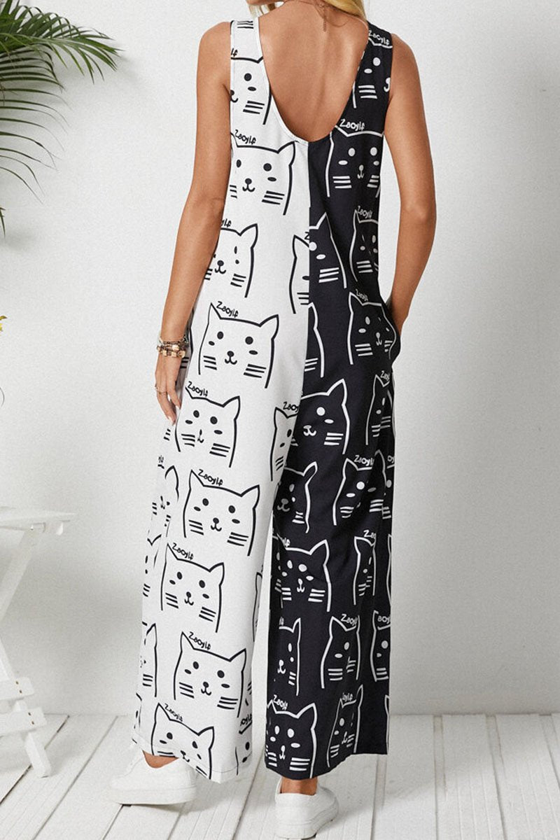 Fashion Casual Print Split Joint V Neck Loose Jumpsuits