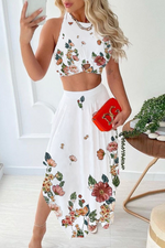 Casual Elegant Floral Backless Asymmetrical Halter Sleeveless Two Pieces