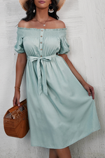 Fashion Elegant Solid Buckle With Belt Off the Shoulder A Line Dresses