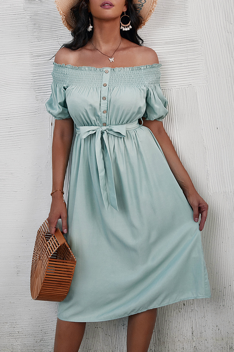 Fashion Elegant Solid Buckle With Belt Off the Shoulder A Line Dresses