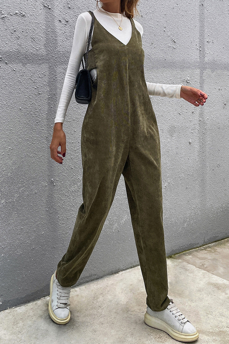 Casual Solid Split Joint With Bow V Neck Regular Jumpsuits